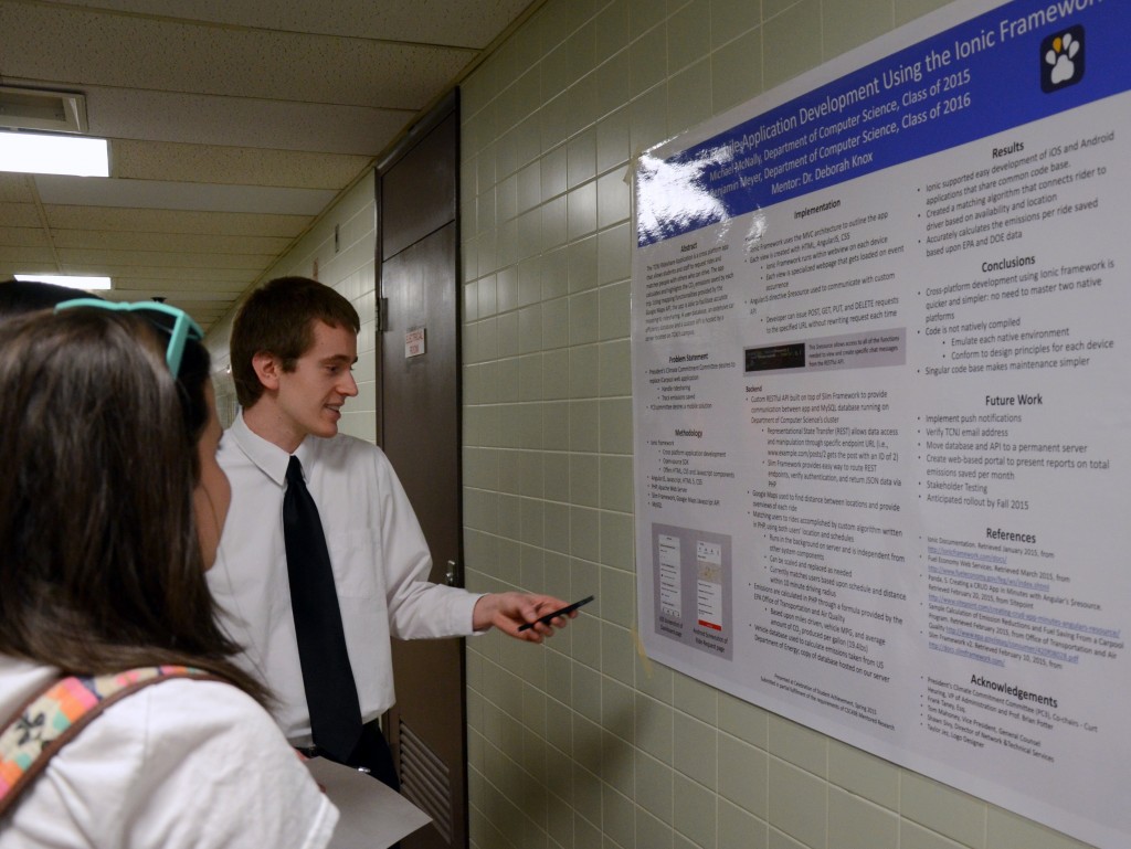 Shown: Ben Meyer (Class of 2016) presents research from development of the TCNJ Rideshare app.